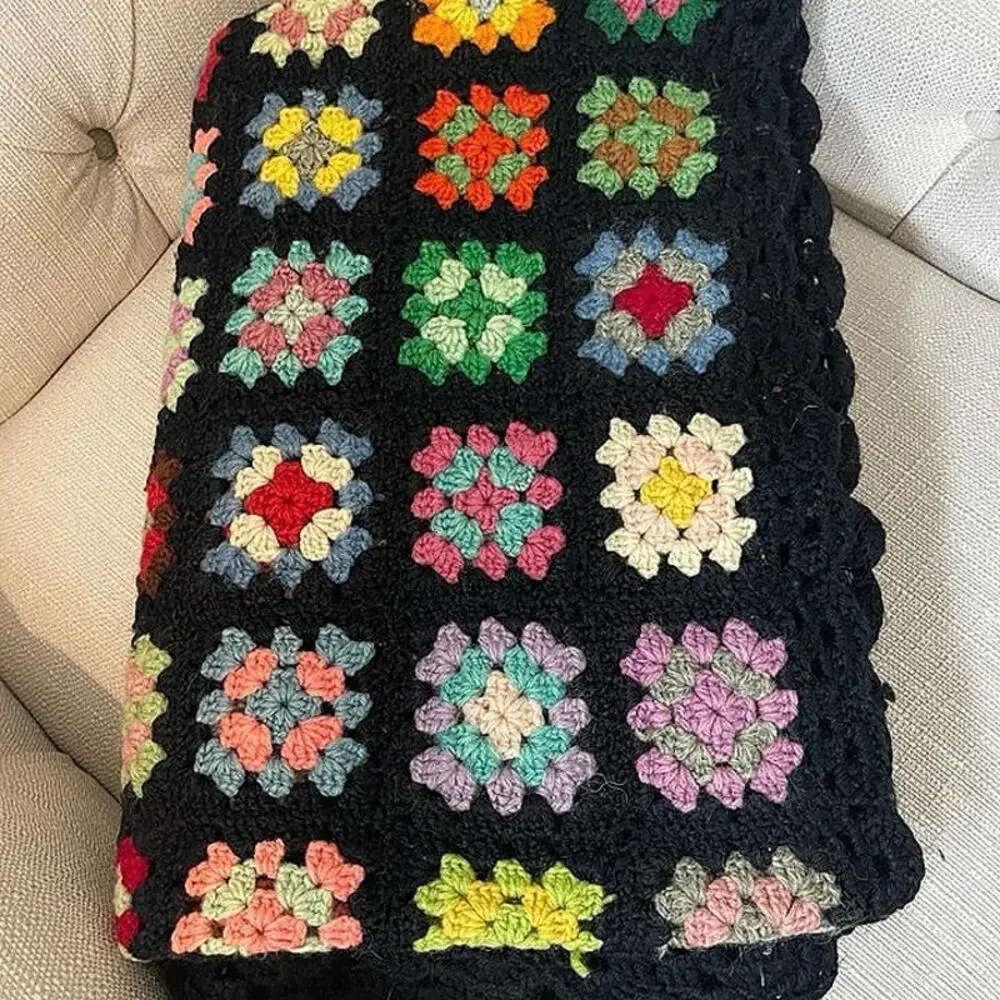 Vintage Granny Square Festival Crochet Afghan Rainbow Multicolor Blanket Throw